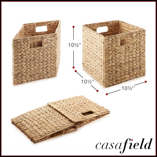 Casafield 10.5" x 10.5" Water Hyacinth Storage Baskets, Natural - Set of 6 Collapsible Cube Organizers, Woven Bins for Bathroom, Bedroom, Laundry, Pantry, Shelves - size: 6-Pack