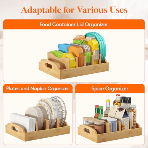 Lifewit Bamboo Lid Organizers for Inside Cabinet, Food Storage Container Lid Holder with 5 adjustable Inserts & 6 Sections, Kitchen Pantry organizer and storage, Large, 13.2" x 10"/34 x 25cm - size: Large(13.2" x 10")