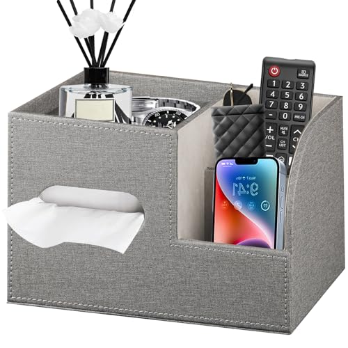 Leather Square Tissue Box Cover with Storage Tray,Cube Tissue Box Holder,Modern Facial Paper Organizer with Remote Control Holder for Bathroom,Vanity Countertop,End Table NightStand Home Office.Grey - color: Grey