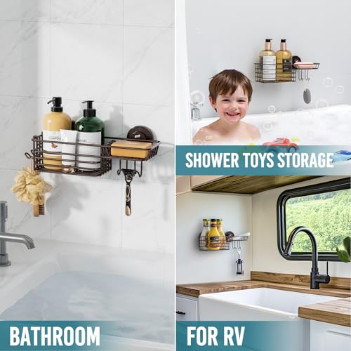 TAILI Shower Caddy Suction Cup with Hooks & Soap Holder, Heavy Duty Bathroom Shower Organizer, No Drilling Shelves for Inside Bathroom, Brown Metal Storage Holder - style: 1× Brown