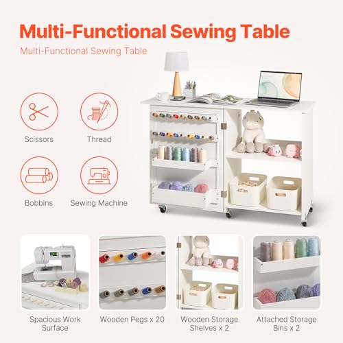 VEVOR Folding Sewing Table, Multipurpose Sewing Machine Table with Compact Design, Wheels, Shelves, Storage Trays, Wooden Pegs, and Magnetic Doors, Sewing Desk Cabinet for Sewing Machine, White - size: White w/o Cabinet
