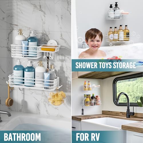 TAILI Shower Caddy Suction Cup 2 Pack with Hooks & Soap Holder, Heavy Duty Shower Organizer for Bathroom, No Drilling Bathroom Organizer with Large Capacity, Metal Storage Holder-White - style: 2 × White