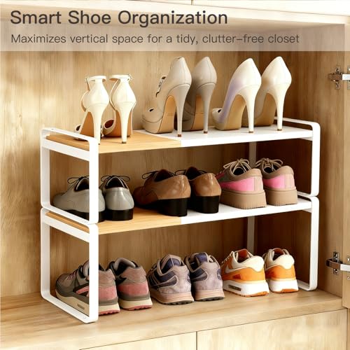 Expandable Cabinet Shelf Organizer & Spice Rack, Stackable Kitchen Counter Shelf with Anti-Slip Legs, Bamboo Cupboard Storage Riser for Dish, Plate & Canned Food (White)