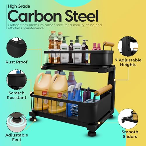 Premium Heavy Duty Carbon Steel Under Sink Organizer, Large 2 Tier Pull Out Cabinet Organizer, 7 Adjustable Heights with Smooth Ball Bearing Sliding Baskets for Bathroom & Kitchen
