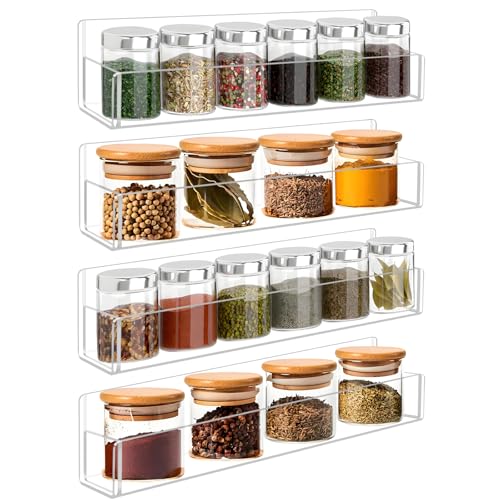 Acrylic Spice Rack Wall Mount-12 Inch, Clear Spice Shelf Storage Holder, 4 Pack Hanging Seasoning Rack Organizer for Cabinet Door, Cupboard or Wall Kitchen (Adhesive or Screw) - size: 12"- 4 Pack
