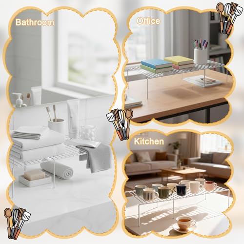 Kitchen Cabinet Expandable Shelf Organizers Set of 2, Adjustable Metal Wire Pantry Storage Shelves Rustproof Cupboard Spice Shelf Rack for Cupboard Countertop Pantry Drawer Utensils