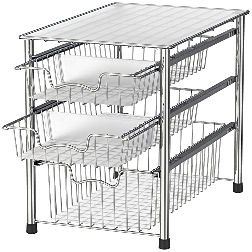 Simple Houseware Stackable 3 Tier Sliding Basket Organizer Drawer, Chrome - color: Chrome, size: 3-tier