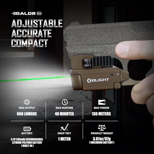 OLIGHT Baldr Mini 600 Lumens with Green Beam and White LED Combo, Magnetic USB Compact Rechargeable Tactical Flashlight with Adjustable Rail for G19, G45, Sig P320, and so on(Desert Tan)