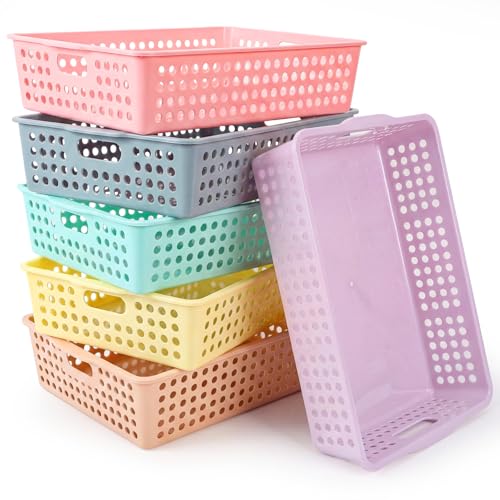 Tenceur 6 Pcs Turn in Trays Classroom, Stackable Tray for Classroom Plastic Storage Baskets Teacher Organizers for Library Drawers Office Desk (Classic,Pastel,13.5 x 10 x 3.1 Inches)
