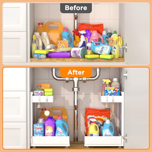 TATAANTY Under Sink Organizer 2 Pack, 2 Tier Metal Under the Sink Storage, Heavy Duty Slide out Pull out Cabinet Organizer, Height Adjustable for for Kitchen Bathroom Pantry Closet Organization Rack