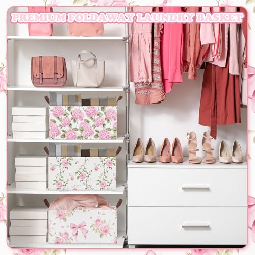 Boao 3 Pcs Pink Hydrangea Foldable Storage Baskets Pink Flower Laundry Basket with Handles Waterproof Storage Bins Fabric Shelf Baskets for Organizing Closet Clothes - style: Pink Floral