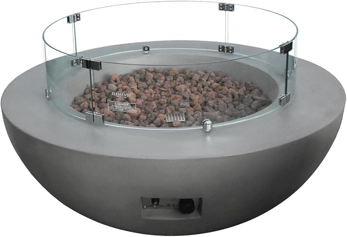 Elementi Lunar Bowl Fire Pit Bundle Outdoor Firepit Set Includes 42” Natural Gas Concrete Firepit, Glass Windscreen, Stainless Steel Cover, Canvas Cover, Floor Mat, Ice Bucket