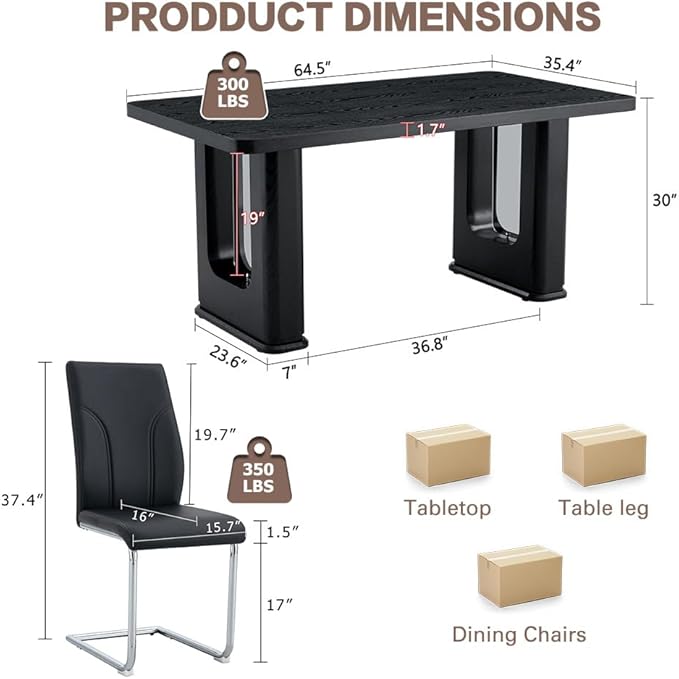 64.5" Black Dining Table Set for 4, Modern Kitchen Table and Chairs Set with PU Leather Cushioned Chairs & Decorative Pedestal Base, 5 Piece Wood Grain Dining Table Set for Dining Room or Kitchen
