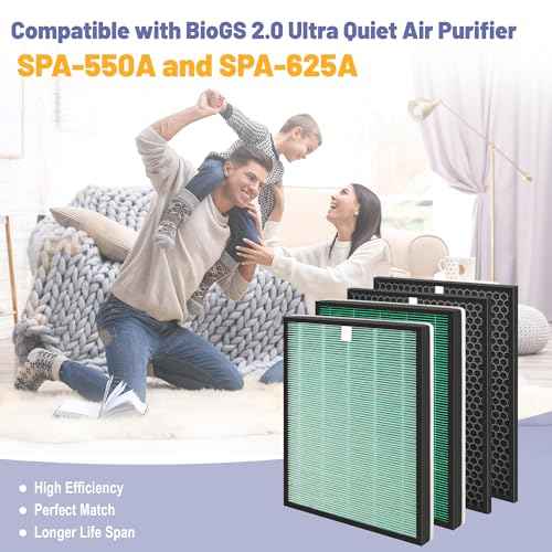 SPA-550A Filter Replacement Compatible With Rabbit Air BioGS 2.0 Air Purifiers, Model SPA-550A and SPA-625A, 2 True HEPA(H13) Filters + 2 Activated carbon Filters
