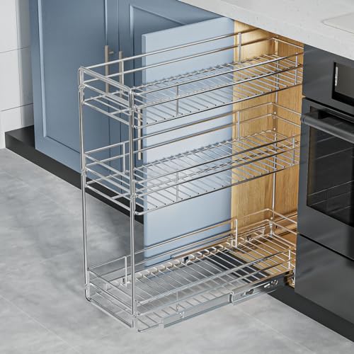 ROOMTEC Pull Out Spice Rack for Narrow Cabinet (5½" W X 20½" D),3 Tier Slide Out Cabinet Organizer and Pull Out Shelves Under Cabinet Storage for Kitchen, Chrome - size: 5½" W X 20½" D,3 Tier