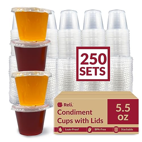 Reli. 5.5 oz Small Containers with Lids (250 Sets) | Jello Shot Cups with Lids | Clear Plastic Condiment Containers | 5 oz Portion Cup | 5oz Sauce