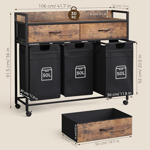 Mondeer Laundry Sorter with 2 Drawers, 150L with Pull-Out Removable Laundry Bags, Laundry Hamper Baskets with 3 Section and Wheels, Rustic Brown and Black - size: 3 Drawers