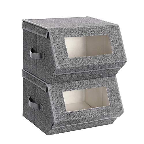 SONGMICS Stackable Storage Bins Set of 2, Storage Boxes with Lids and Front Windows, Non-Woven Fabric Closet Organizers with Magnetic Closures, Side Handles, Dark Gray URPLB02G - color: Dark Gray