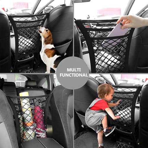 3-Layer Car Mesh Organizer, Seat Back Net Bag Stretchable Barrier of Backseat Pet Kids, Four-Side Elastic Storage Netting Pouch Cargo Tissue Purse Holder Between Front Seats - color: 3-Layer Four-Side