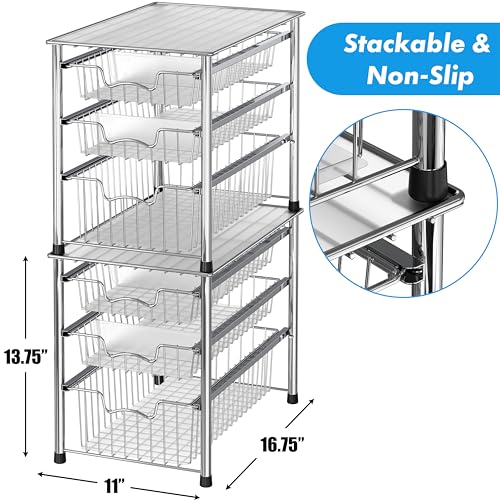 Simple Houseware Stackable 3 Tier Sliding Basket Organizer Drawer, Chrome - color: Chrome, size: 3-tier