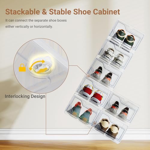 XX-Large Shoe Sneaker Storage Boxes for Size 14, Stackable & Thicken Clear Plastic Shoe Organizers 16 Packs for Entryway Closet Under Bed, Shoe Storage Cabinets Container Display Case w/ Magnetic Door - size: 16 packs