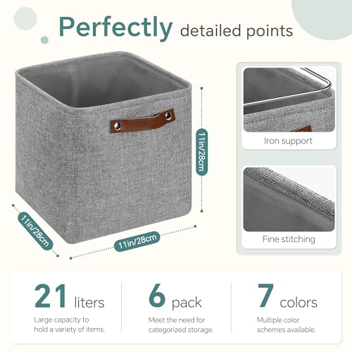 FinishingBo Cube Storage Baskets 6 Pack, 11x11 inch Cube Storage Bins with Leather Handles for Shelf Closet (Gray) - color: Gray