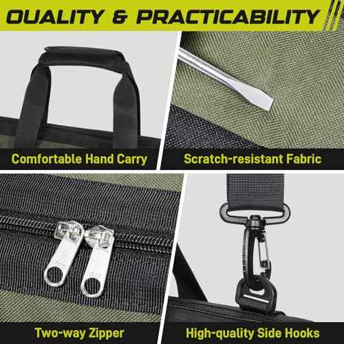 Tool Bag 16-Inch, 15 Pockets Heavy Duty Empty Tool Storage Organization, Soft Handle Carrying Toolbag,Toolbox Organization Tool Bags for Men,Army Green & Black
