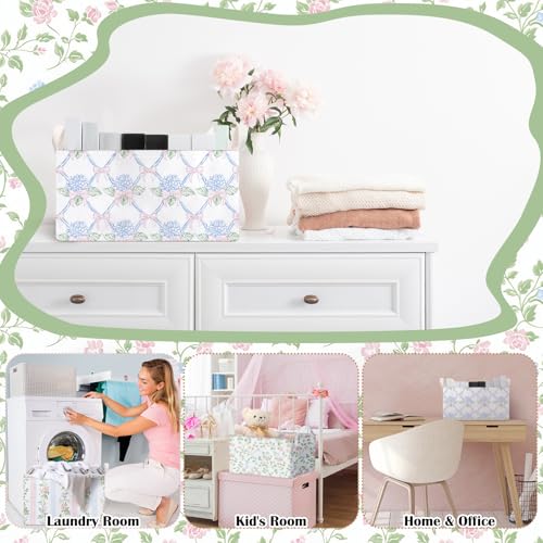 Boao 3 Pcs Blue Hydrangea Storage Bin Fresh Style Floral Collapsible Large Storage Baskets for Gifts Canvas Laundry Basket Foldable Box with Handle for Office Home Bedroom Clothes - style: Blue Floral