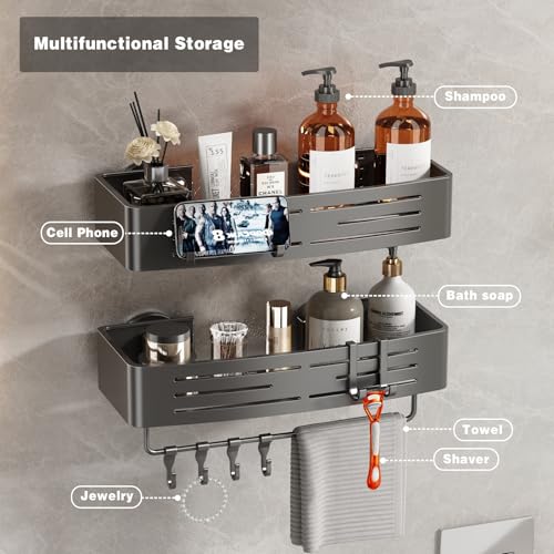 Voldra Shower Caddy Suction Cup, 1 Pack Shower Shelves for Inside Shower No Drilling, Aluminum Suction Showers Organizer with Towel Bar & Hooks Removable Bathroom Shelf Storage Rack(Gray) - style: Suction Cup Rectangle-1 Pack