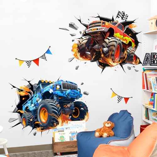 3D Crazy Racing Wall Decals, Truck Vehicles Wall Stickers Ball Games Peel and Stick Decal Self Adhesive Sticker for Boys Kids Room Home Decor