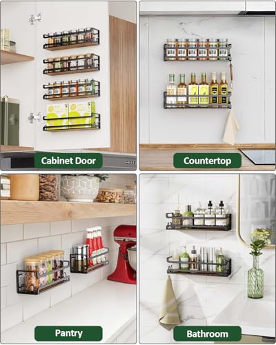 Doakhirmit Wall Mounted Spice Rack with 16 Hooks, Rustic Wood Spice Organizer Shelf for Stove Cabinet Pantry Door,Screw or Adhesive Hanging Spice Shelf,Wall Spice Rack in Kitchen and RV,6 Pack - size: 6 Pack