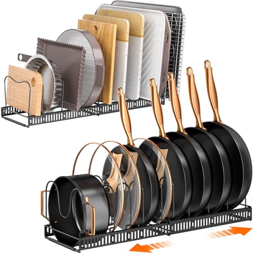 MUDEELA 2 Pack Pots and Pans Organizer Rack for under Cabinet, Expandable Pot Lid Kitchen Cabinet Organizer Holder with 10 Adjustable Compartment Cutting Board Organizer for Pan Lid, Bakeware Sheet - style: 2 Pack 10 Dividers-Black