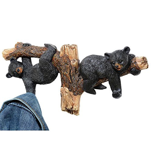 BLACK FOREST DECOR Black Bears on Branch Wall Hooks, Polyresin, Wall Mounted, 9 1/4" W x 1 3/4" D x 4 1/2" H