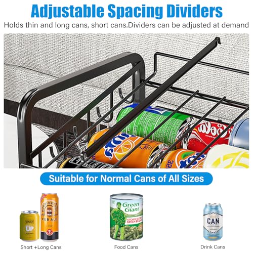 6-Tier Stackable Soda Can Rack Organizer for Pantry, Adjustable Can Dispenser Holds Up to 60 Cans, with 12 Hooks, Can Storage Holder for Various Ounces of Canned Food Soda Drinks, Black, 2 Pack