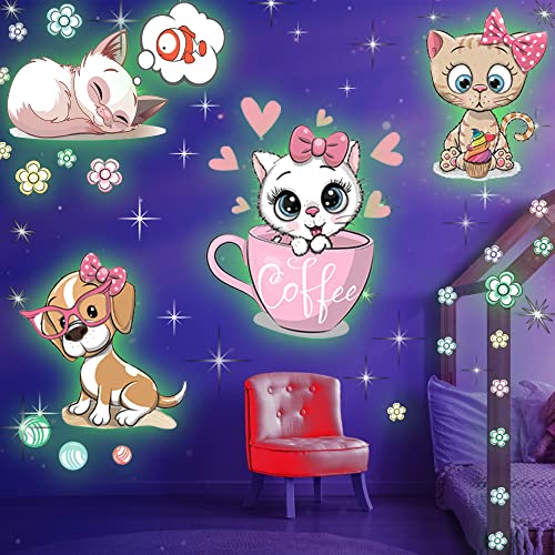 Glow in The Dark Cat Stickers with Dog and Fish, Wall Decals Sticker for Kids Bedding Room, Great for Birthday Gift Glowing Cat for Girls and Boys