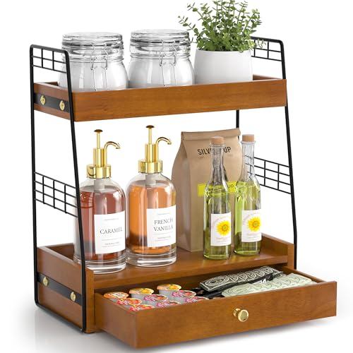 Coffee Bar Station Organizer with Built-In Drawer, 2-Tier Countertop Shelf for Tea Bags, Coffee Accessories, Syrup Bottles (Walnut) - color: Walnut