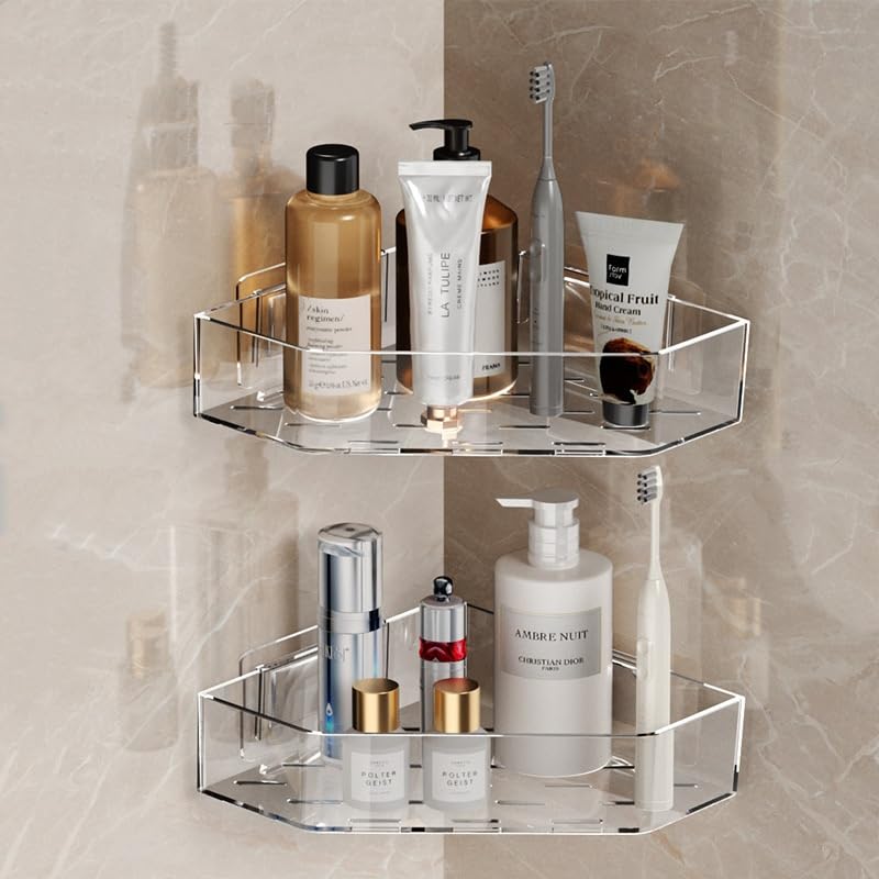 2 Pack Acrylic Corner Shower Caddy, Adhesive Shower Organizer Bathroom Organizer Shelves Bath Toy Holder Storage for Bathroom