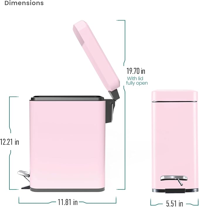 Home Zone Living 1.3 Gallon Small Bathroom Trash Can with Lid and Step Pedal, Stainless Steel Wastebasket with Slim Design for Home and Office, Matte Pink, 5 Liters