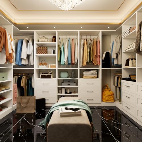 Vomavex Closet System with 4 sets, 101.9" Closet Organizer Systems with 6 Drawers & 8 Hanging Rods & Adjustable Shelves, Walk in Closet Standing Closet System, Corner Closet System Set, White