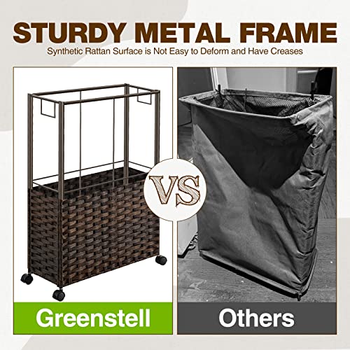 Greenstell Laundry Hamper with Wheels & Handles, 26.4 Gallon (100L) Slim Laundry Basket with 2 Removable Liner Bags & 2 Mesh Bags, Foldable Narrow Clothes Hamper for Bedroom, Bathroom, Closet, Brown - color: Brown, size: 100L (21.7 x 9.8 x 30.7 inches)