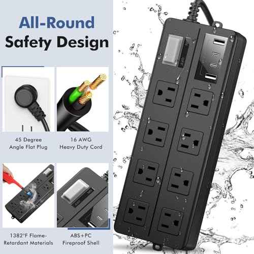 VNJ Outdoor Power Strip with 8AC Outlets + 4USB Ports, IPX6 Waterproof Surge Protector, Safety Lock Design and ETL-Certified Cables, 15FT Extension Cord for Home, Garden, and Commercial Use