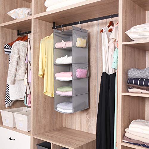 MAX Houser 5 Shelf Hanging Closet Organizer,Space Saver, Closet Hanging Shelves with (4) Side Pockets,Foldable,Light Grey - color: Lightgrey