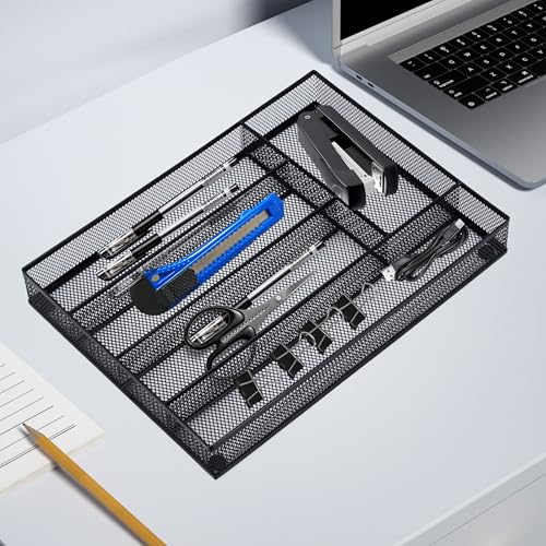 Neudeco Silverware Drawer Organizer - 5 Compartment Cutlery Tray with Non-Slip Feet, Mesh Wire Flatware Storage Divider for Kitchen, Bedroom, Living Room (Black) - color: Black