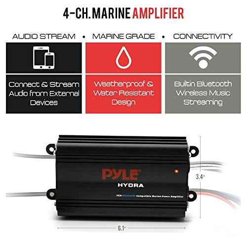 Pyle 200W RMS 4-Channel Marine Amplifier - Bluetooth Wireless Audio Streaming - Waterproof - Full Range Stereo w/ RCA - High Crossover HD Music - Multi-Channel System - Compact & Powerful - PLMRMB4CB