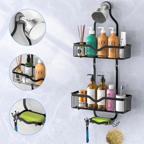 Kadolina Shower Caddy Hanging, Bathroom Organizer Rack, Shower Rack with Soap Dish, Over The Showerhead Caddy with Hooks for Razor/Sponge, Matte Black (Assembly Required) - color: Matte Black