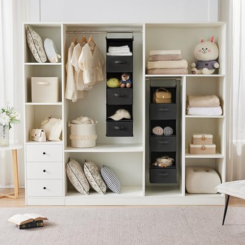 MAX Houser 6 Tier Shelf Hanging Closet Organizer, Closet Hanging Shelf with 2 Sturdy Hooks for Storage, 2 Pack, Foldable (Black) - color: Black-2