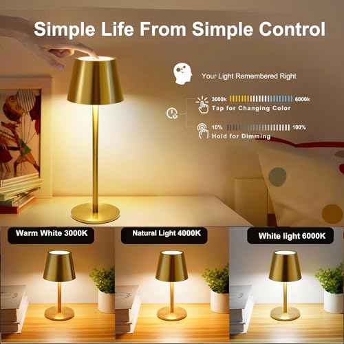 2 Pack Gold Cordless Table Lamp Rechargeable, Metal Small Bedside Table Lamp with 3 Adjustable Pole, 5400mAh Battery Operated Touch Lamp for Bedroom Kitchen Dining Waterproof & Portable