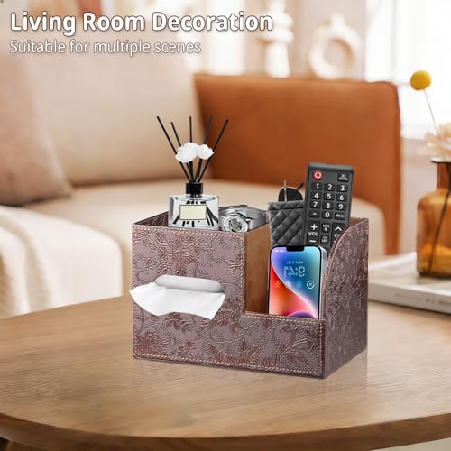 Leather Square Tissue Box Cover with Storage Tray,Cube Tissue Box Holder,Modern Facial Paper Organizer with Remote Control Holder for Bathroom,Vanity Countertop,End Table NightStand Home Office - color: Retro