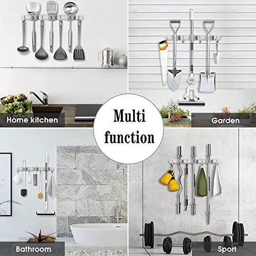 Broom Mop Holder Wall Mount Broom Hanger Wall Mounted Metal Organization Garage Storage Garden Kitchen Tool Organizer With 4 Racks and 5 Hooks (Silver, 1 Pack 3R4H)… - size: 1 Pack 3R4H