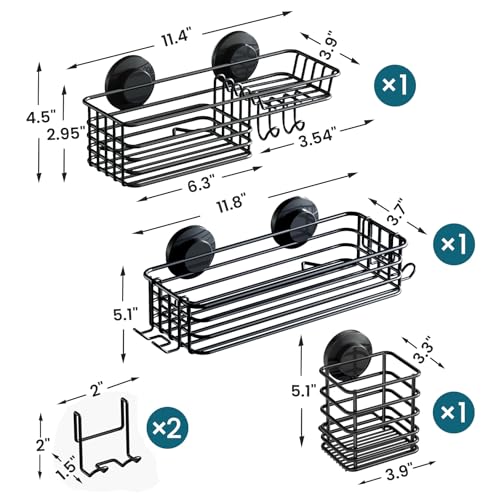 TAILI Shower Caddy Suction Cup, 3 Pack Shelves for Inside with Hooks & Soap Holder Toothbrush Cups, Removable Bathroom Organizer, Rustproof Black Shelves - style: 3 × Black